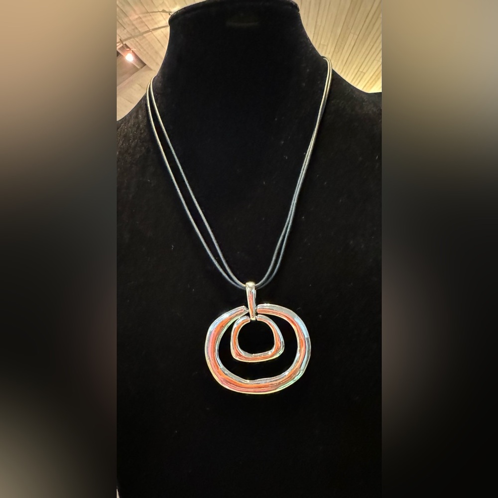 Silver Wavy Oval Pendant Necklace on Black Leather Cord
